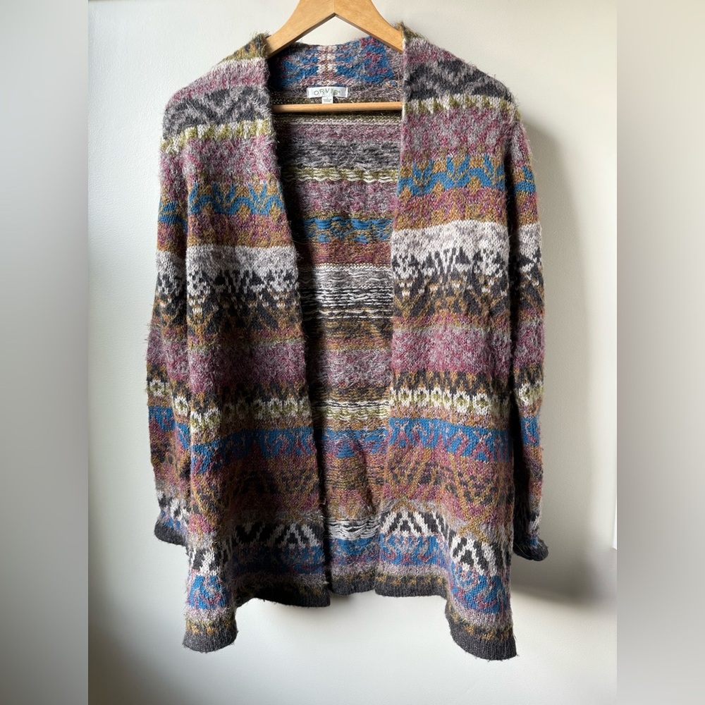 ORVIS Fair Isle Open Front Cardigan Sweater Wool Alpaca Blend Cozy Comfy Fuzzy S